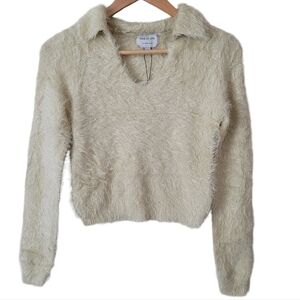 New Women's Long Sleeve Cropped Sweater Faux Fur V-Neck Cream
